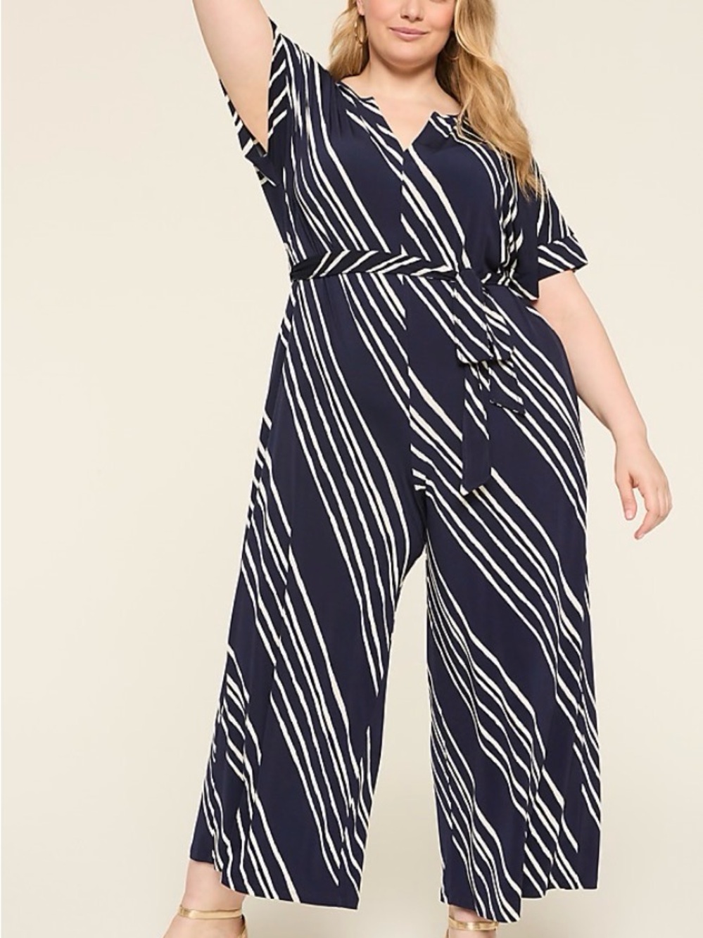 Lane Bryant Navy and White Striped Tie-Waist Jumpsuit 18/20P